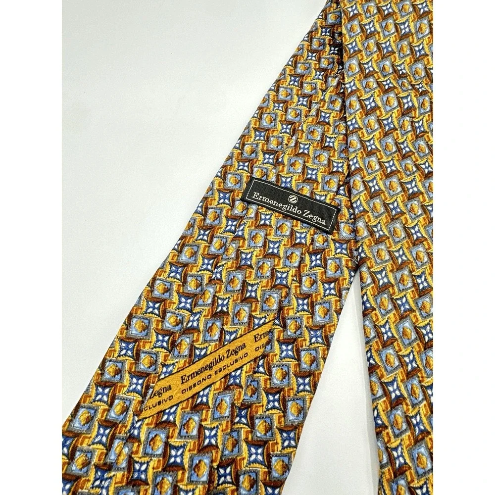 Ermenegildo Zegna Silk Tie Blue, Gold And Orange Geometric Pattern -Designer